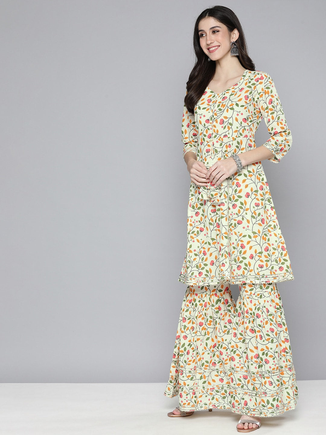 HERE&NOW Women Floral Printed Gotta Patti Pure Cotton Kurta with Sharara & Dupatta