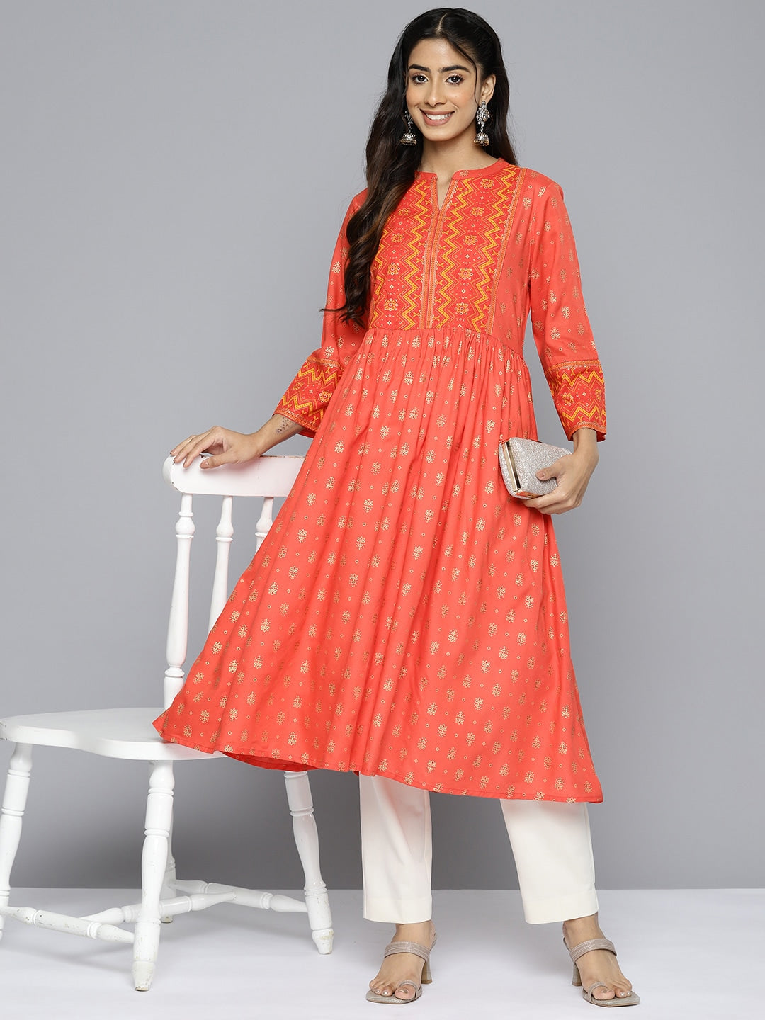 HERE&NOW Women Orange Ethnic Motifs Printed Kurta