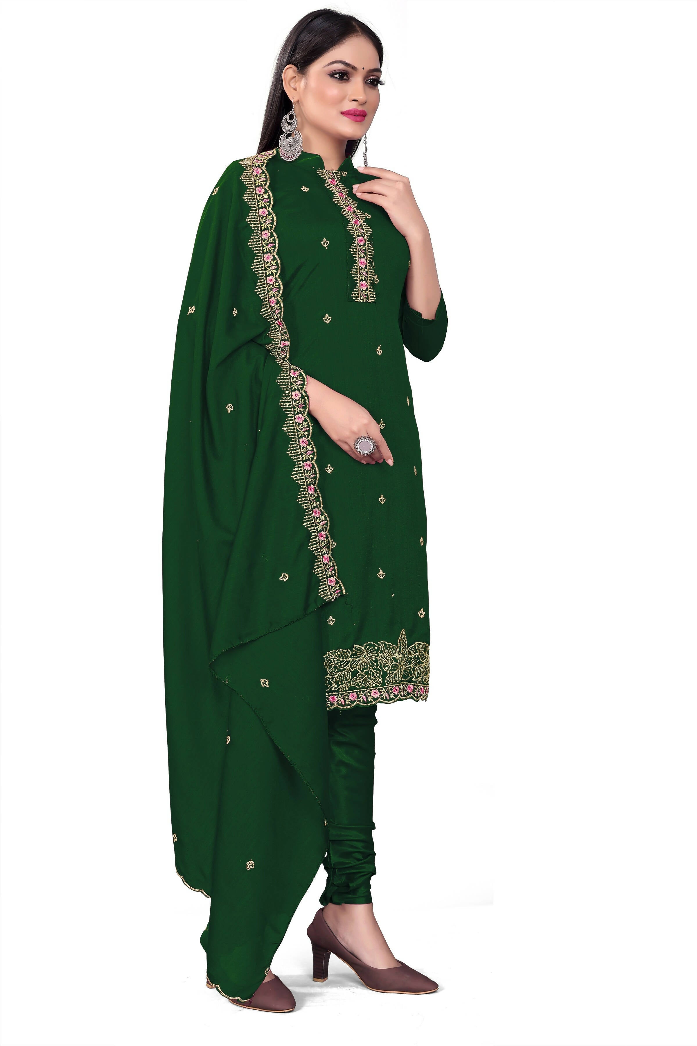 Green Silk Embroidered with Sequins work Unstitched Dress Material - Tanvi