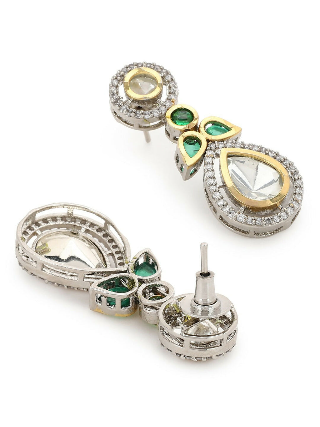 Dangler Kundan Earrings with Green Stone- Ruby Raang