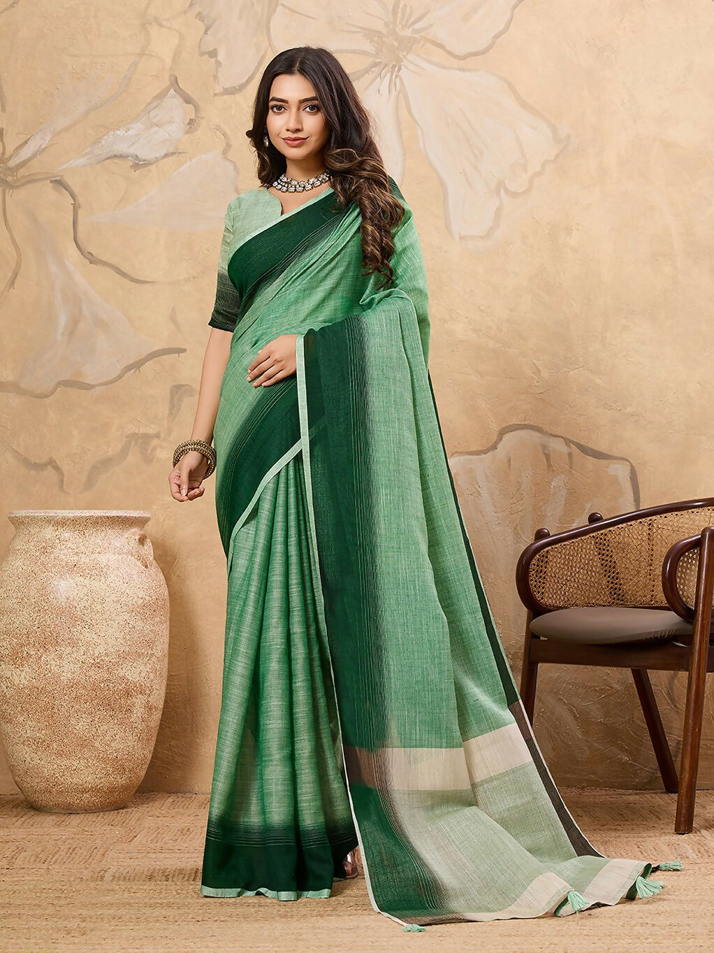 Shree Shyam Fashion Pista Green Linen Saree