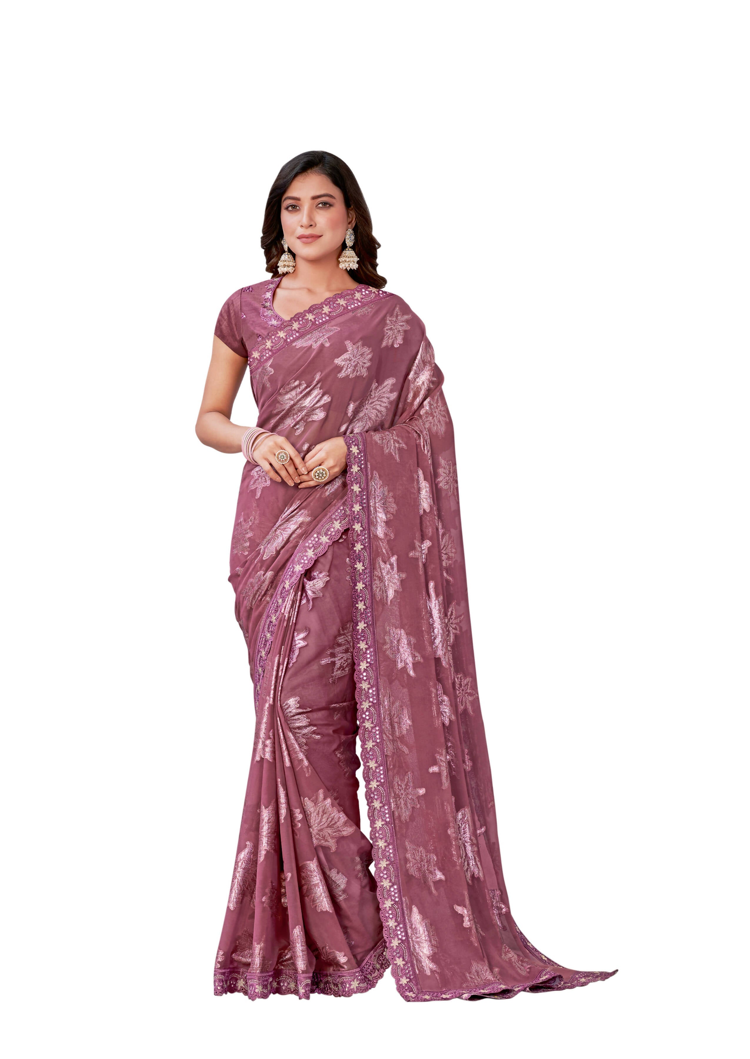 Dusty Pink Georgette Zari Jacquard Embroidered Border With Mirror Work Saree With Unstitched Blouse Piece - Norita Zaina