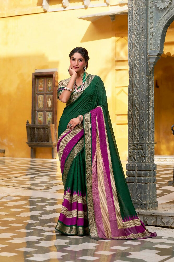PR Fashion Green Poly Cotton Printed With Zari Weaving Work Saree