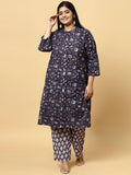 Sztori Plus Size Floral Printed Pure Cotton Straight Kurta with Trousers