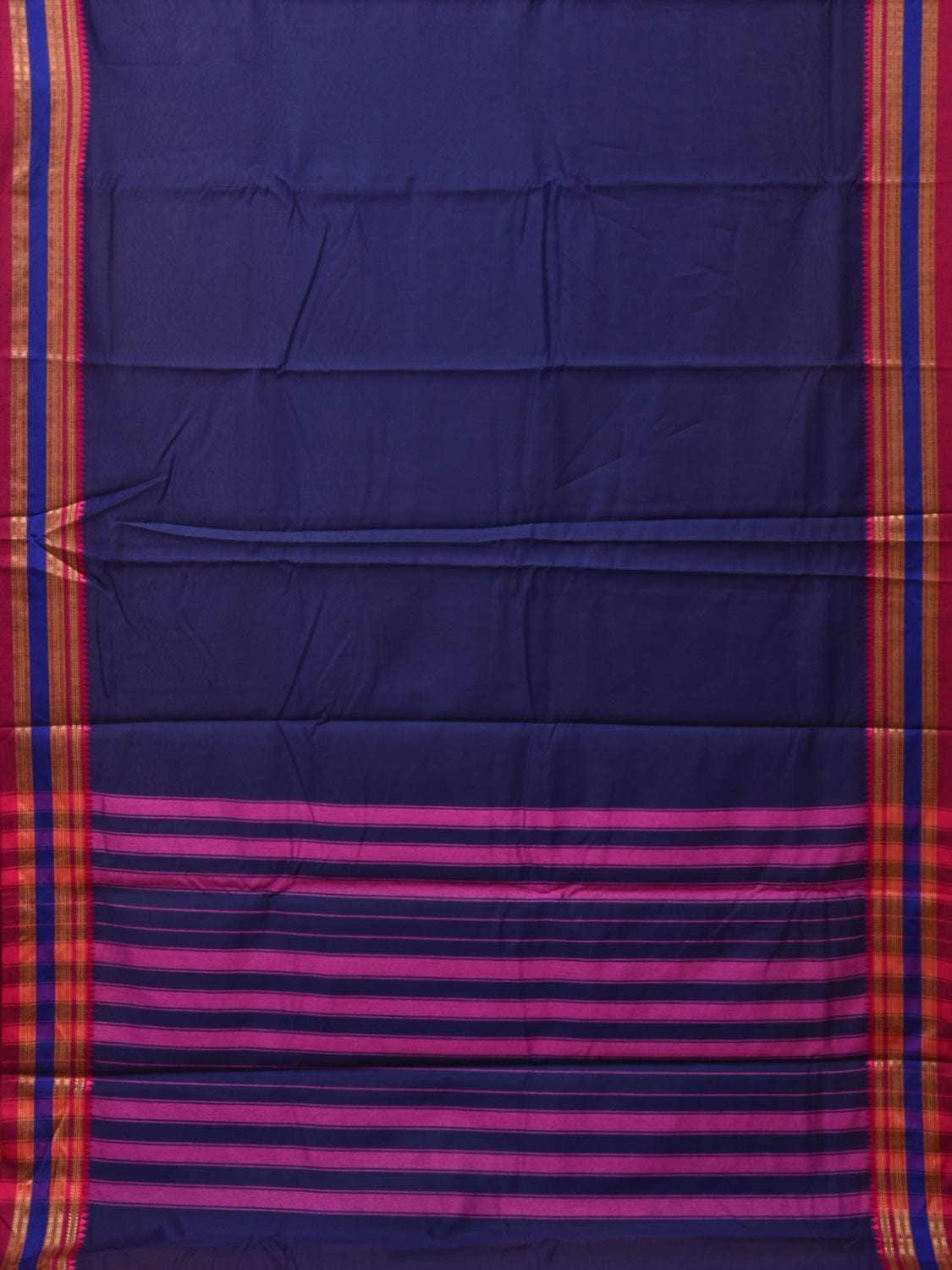 Dark Blue and Pink Bamboo Cotton Plain Saree with Strips Pallu Design No Blouse - Global Threads