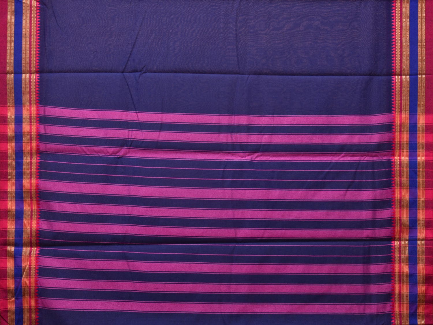 Dark Blue and Pink Bamboo Cotton Plain Saree with Strips Pallu Design No Blouse - Global Threads