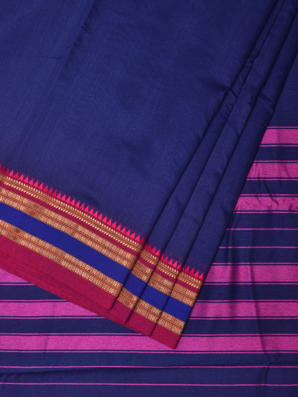 Dark Blue and Pink Bamboo Cotton Plain Saree with Strips Pallu Design No Blouse - Global Threads