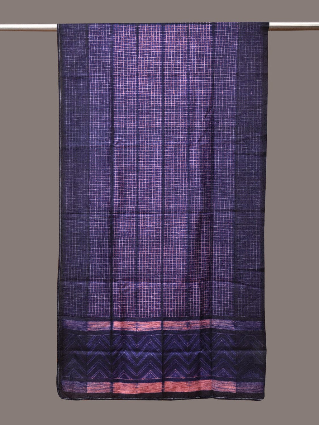 Dark Blue and Pink Shibori Silk Handloom Stole with Checks Design - Global Threads