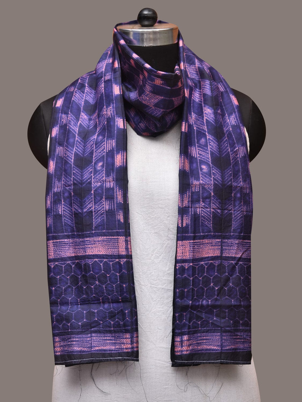 Dark Blue and Pink Shibori Silk Handloom Stole with Zig-Zag Design - Global Threads