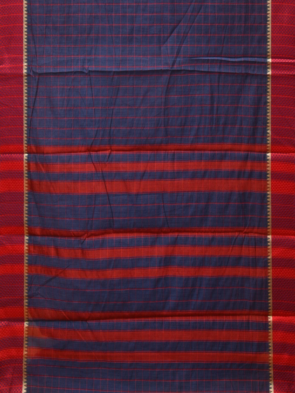 Dark Blue and Red Bamboo Cotton Saree with Big Checks Design No Blouse - Global Threads