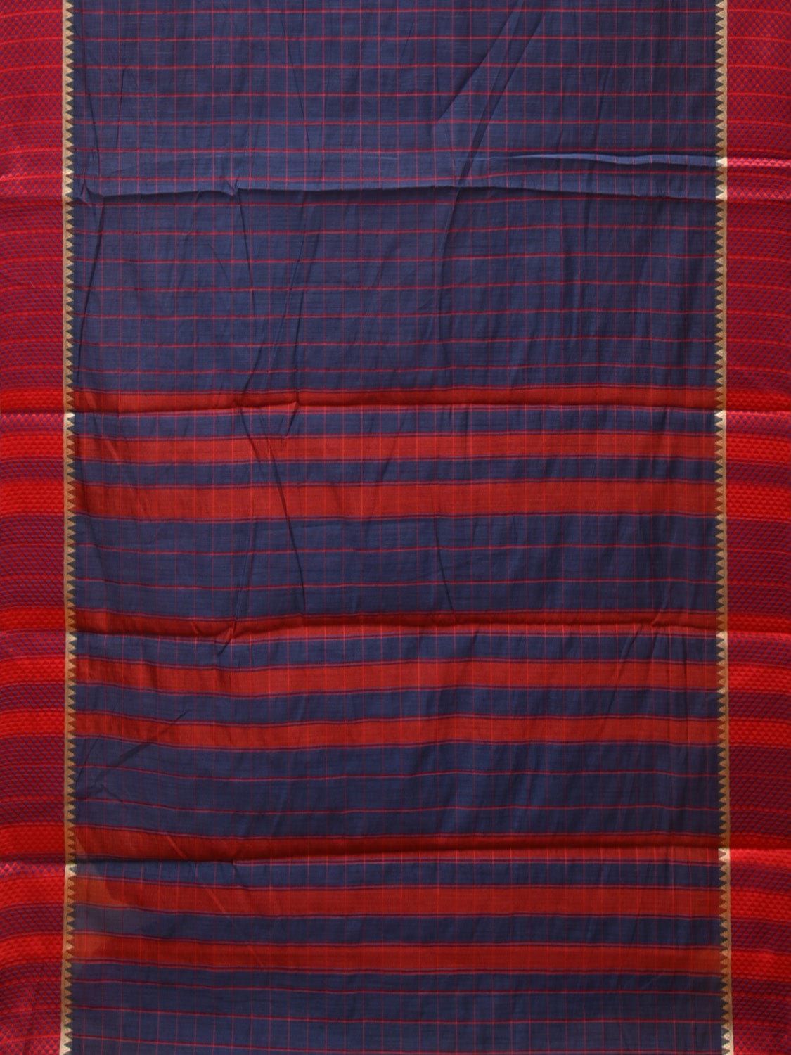 Dark Blue and Red Bamboo Cotton Saree with Big Checks Design No Blouse - Global Threads