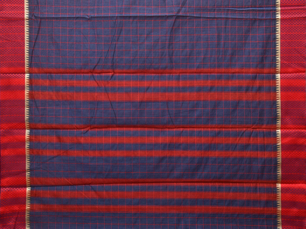 Dark Blue and Red Bamboo Cotton Saree with Big Checks Design No Blouse - Global Threads