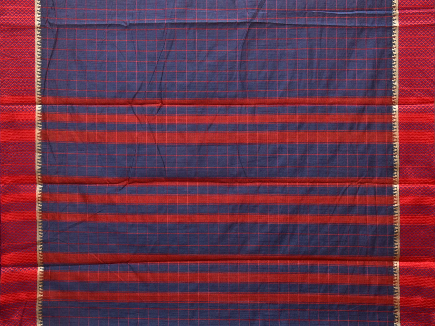 Dark Blue and Red Bamboo Cotton Saree with Big Checks Design No Blouse - Global Threads