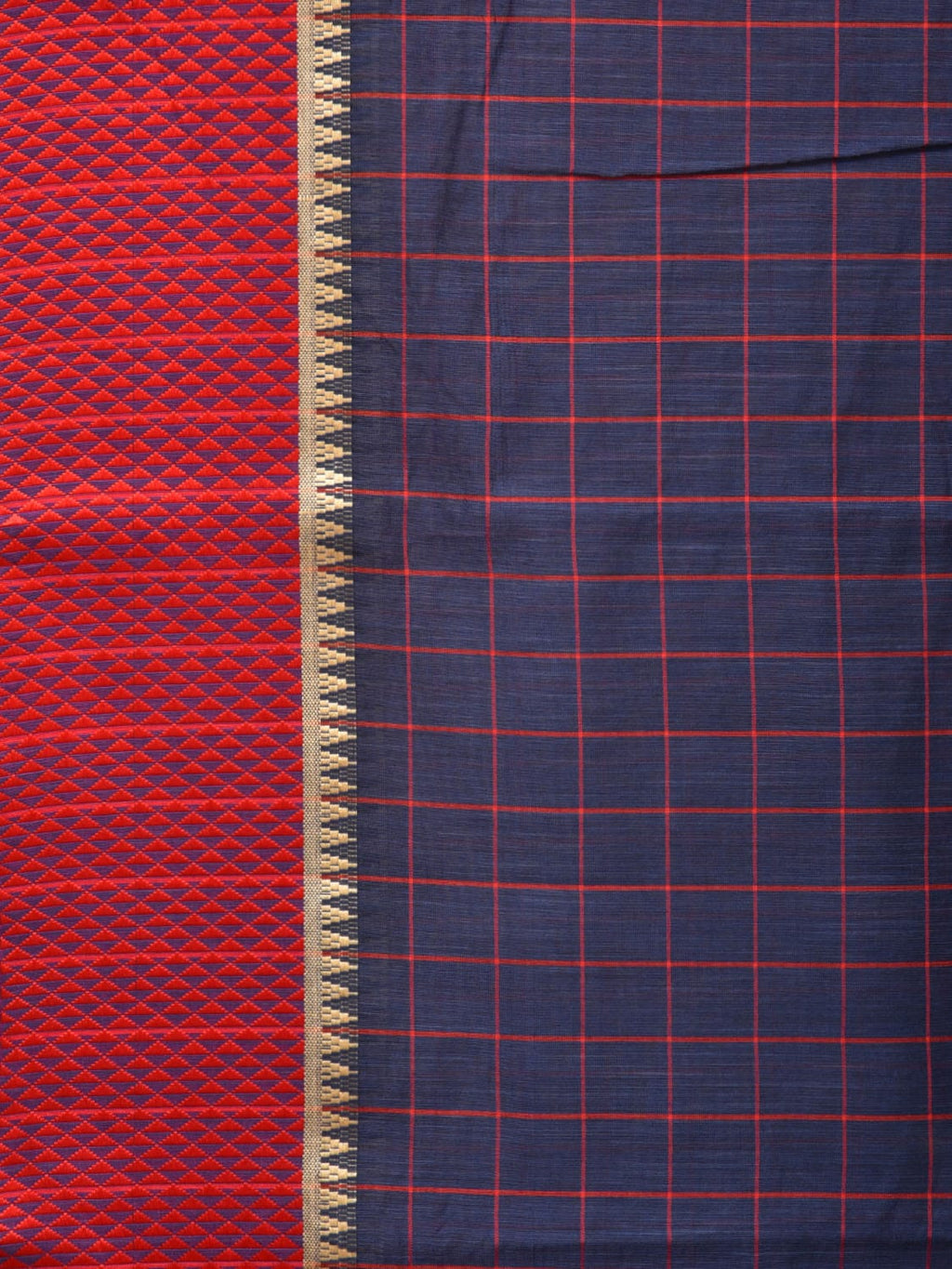Dark Blue and Red Bamboo Cotton Saree with Big Checks Design No Blouse - Global Threads