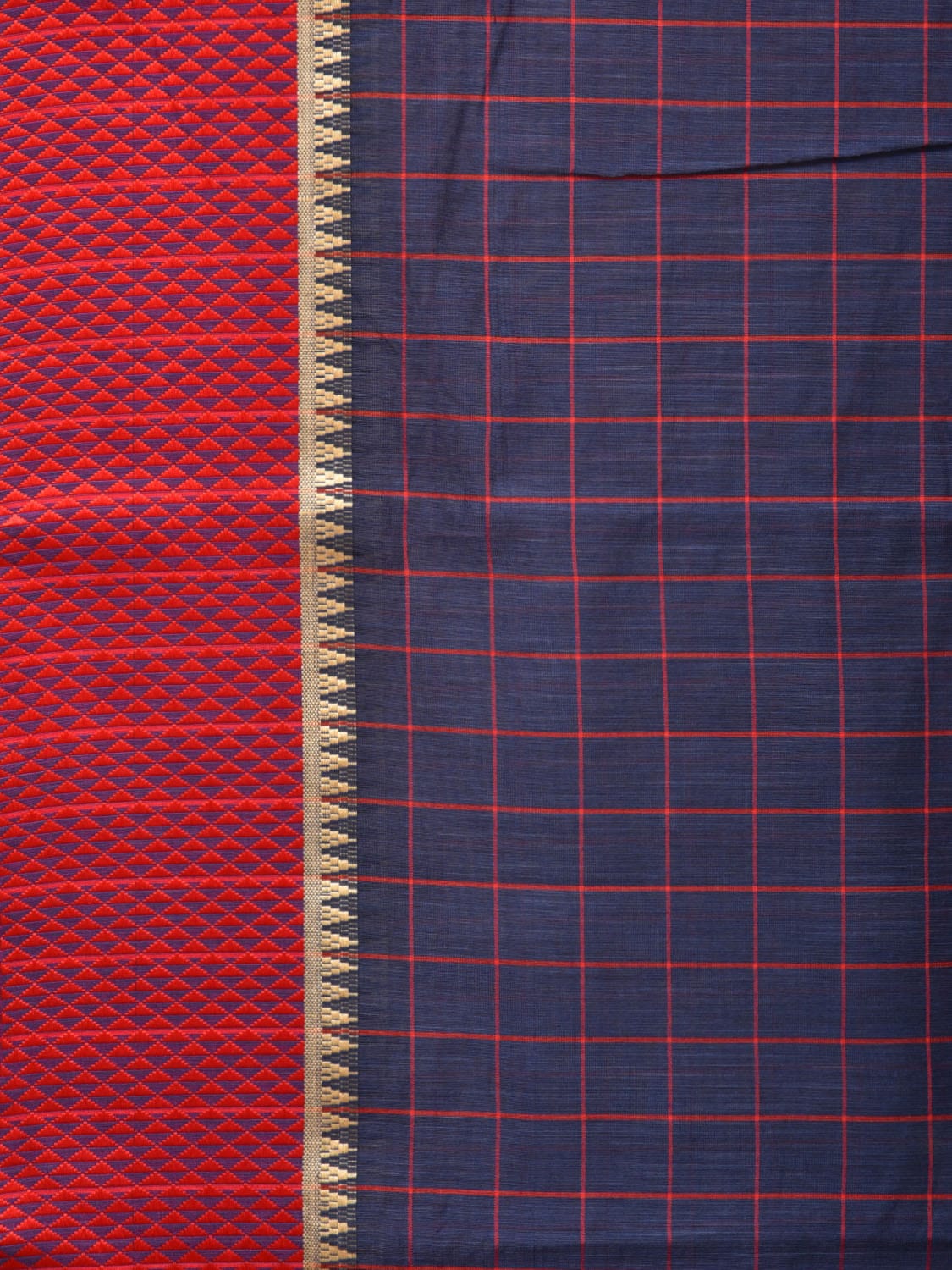 Dark Blue and Red Bamboo Cotton Saree with Big Checks Design No Blouse - Global Threads