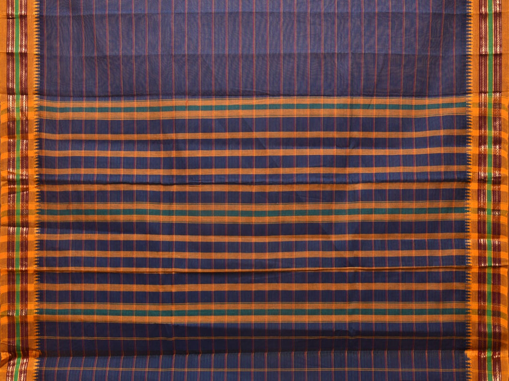 Dark Blue Narayanpet Cotton Handloom Saree with Strips Design No Blouse - Global Threads