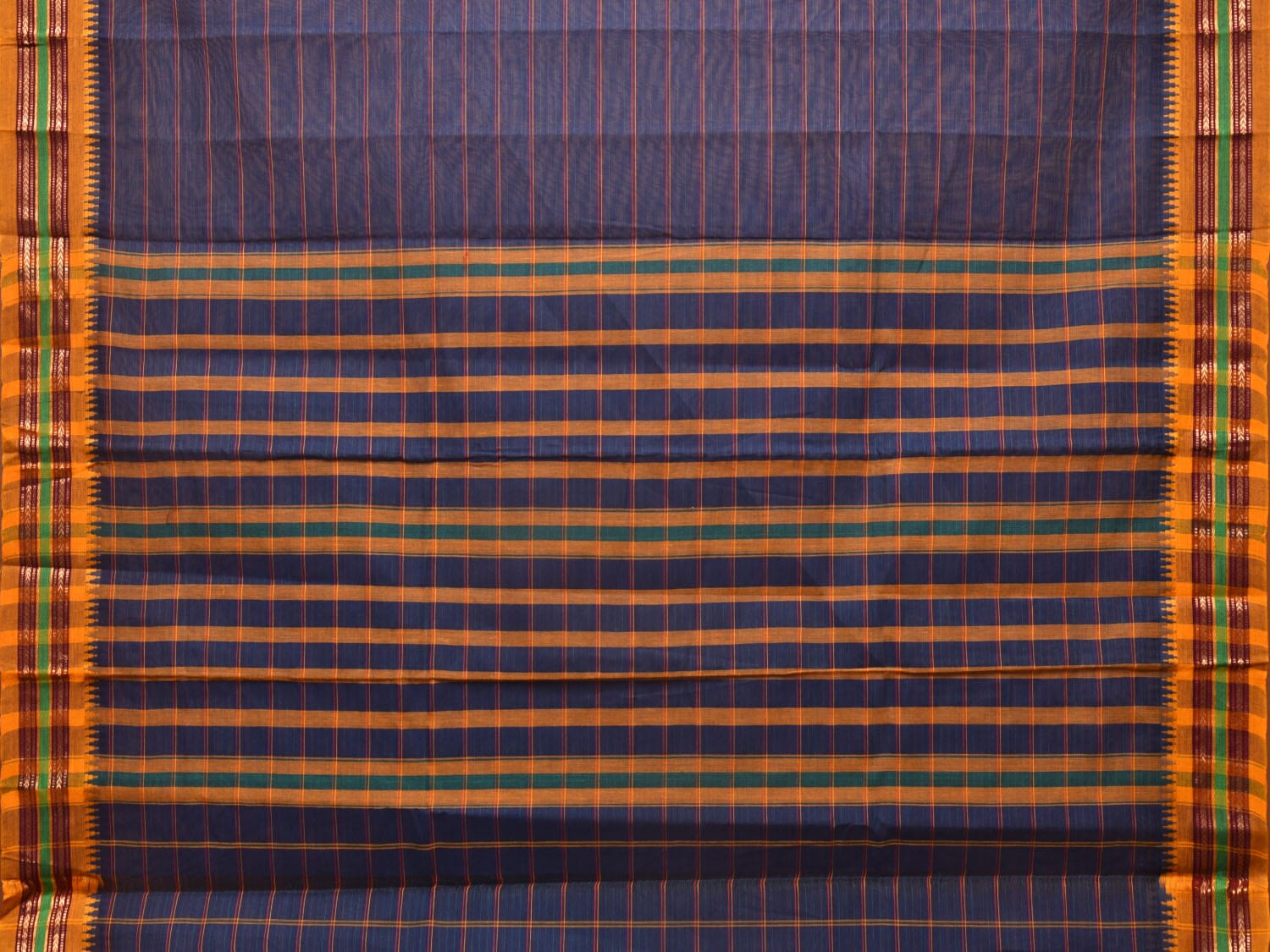 Dark Blue Narayanpet Cotton Handloom Saree with Strips Design No Blouse - Global Threads