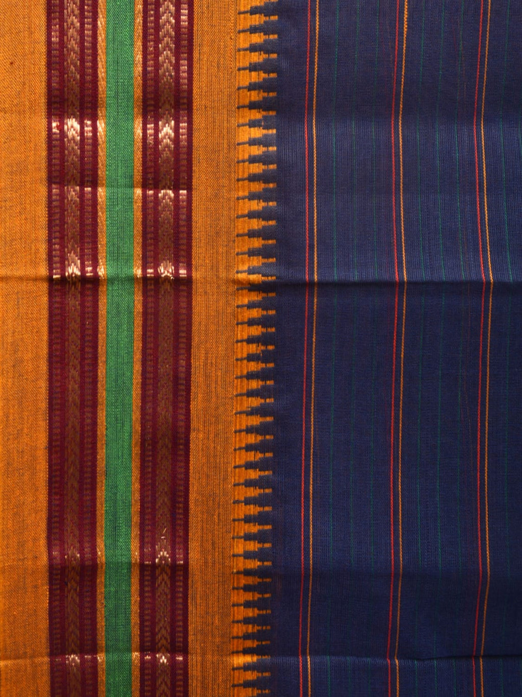 Dark Blue Narayanpet Cotton Handloom Saree with Strips Design No Blouse - Global Threads
