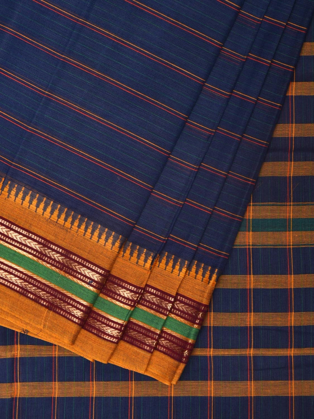 Dark Blue Narayanpet Cotton Handloom Saree with Strips Design No Blouse - Global Threads