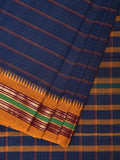 Dark Blue Narayanpet Cotton Handloom Saree with Strips Design No Blouse - Global Threads