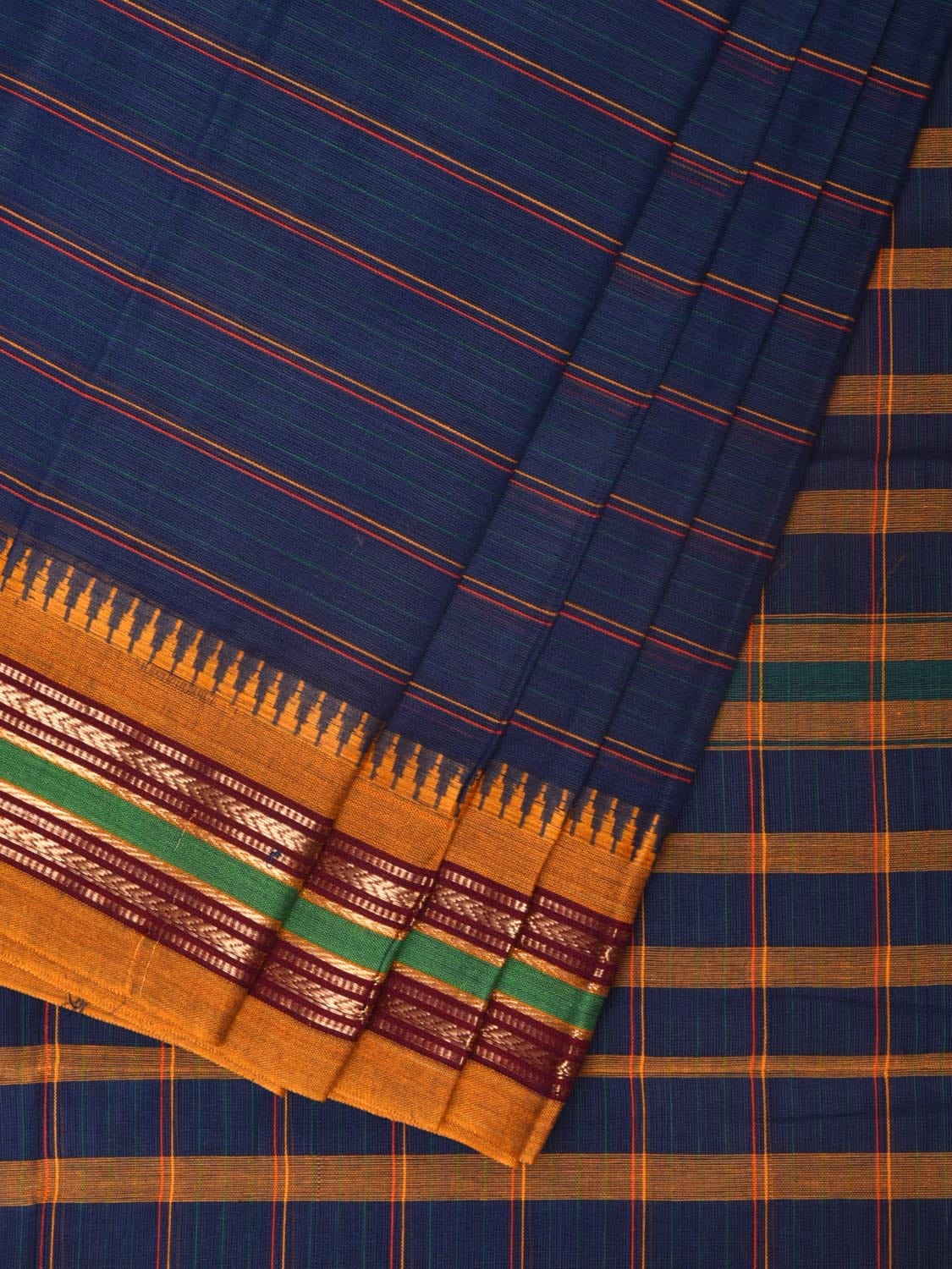 Dark Blue Narayanpet Cotton Handloom Saree with Strips Design No Blouse - Global Threads