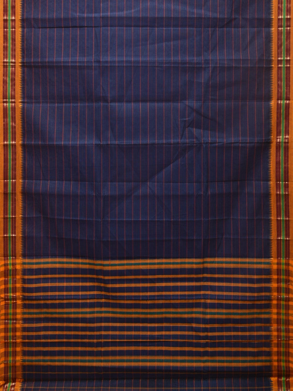 Dark Blue Narayanpet Cotton Handloom Saree with Strips Design No Blouse - Global Threads