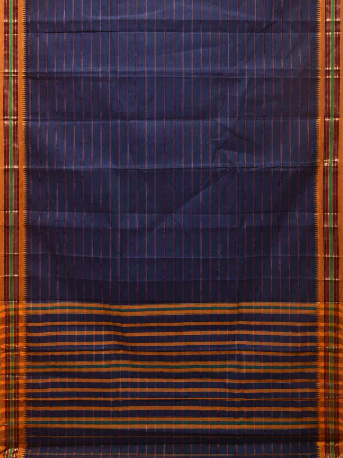 Dark Blue Narayanpet Cotton Handloom Saree with Strips Design No Blouse - Global Threads