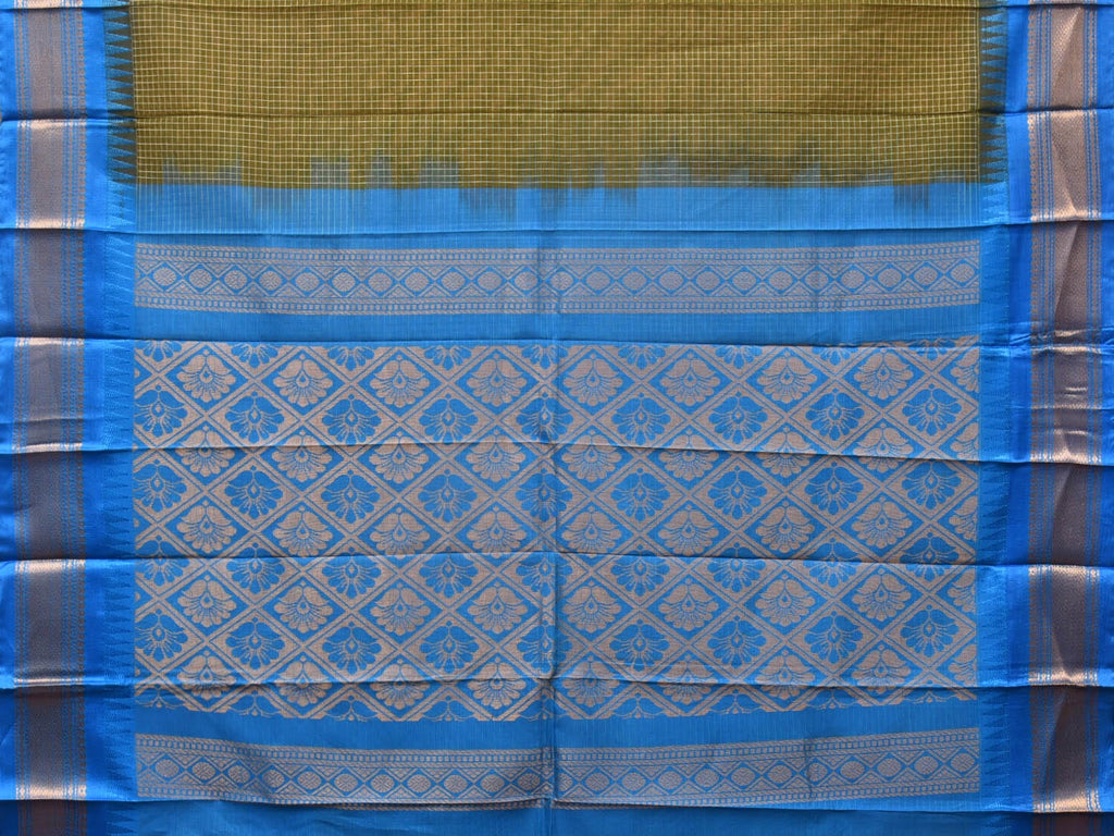 Dark Green and Blue Gadwal Cotton Plain Saree with Checks and Pallu Design No Blouse - Global Threads