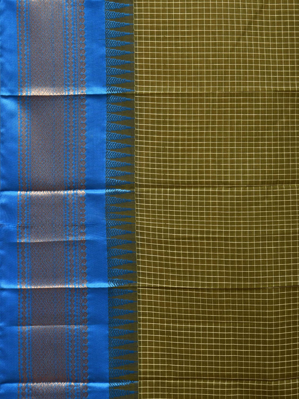 Dark Green and Blue Gadwal Cotton Plain Saree with Checks and Pallu Design No Blouse - Global Threads