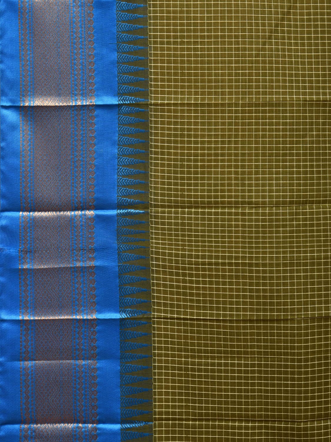 Dark Green and Blue Gadwal Cotton Plain Saree with Checks and Pallu Design No Blouse - Global Threads