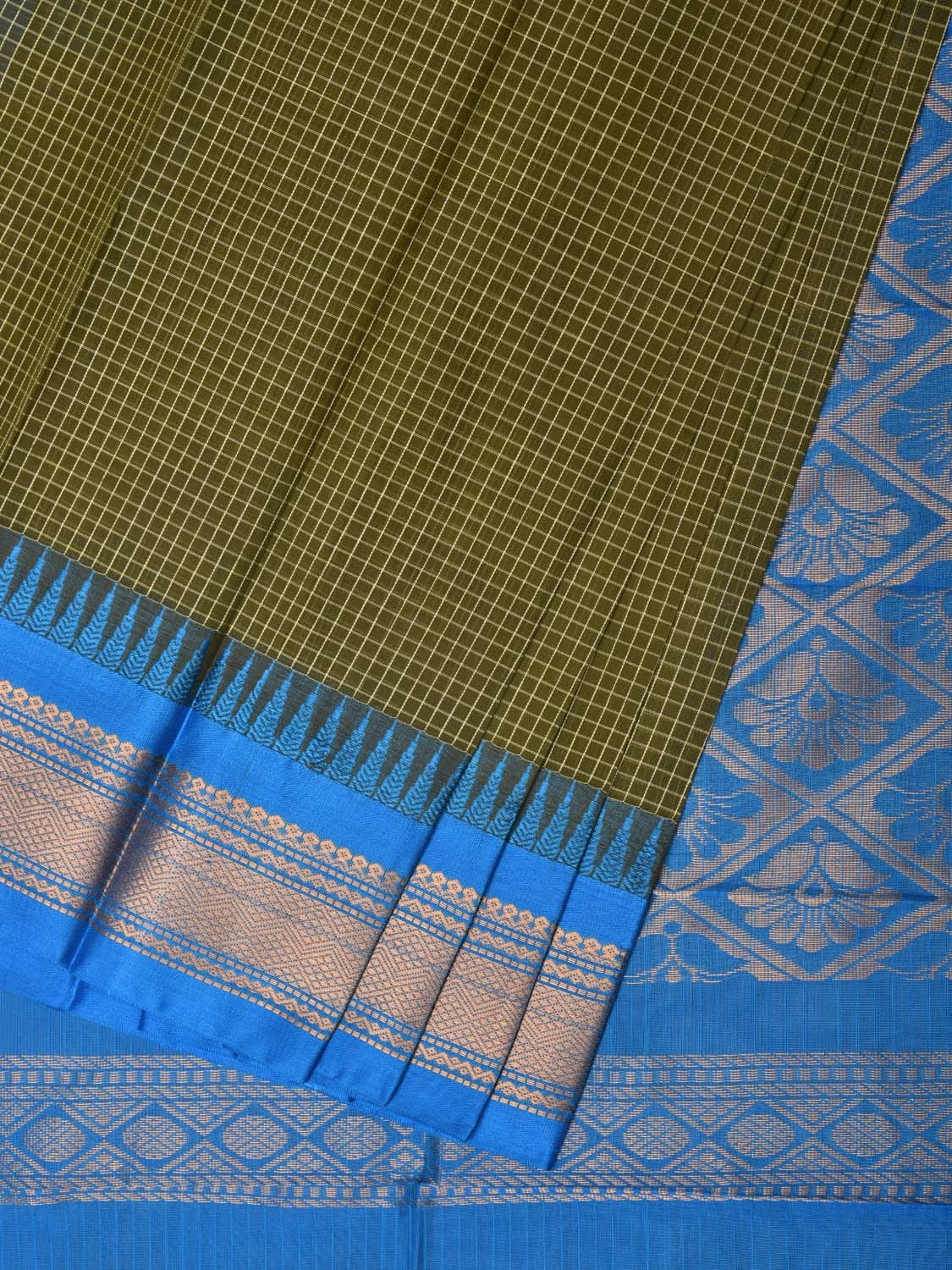 Dark Green and Blue Gadwal Cotton Plain Saree with Checks and Pallu Design No Blouse - Global Threads