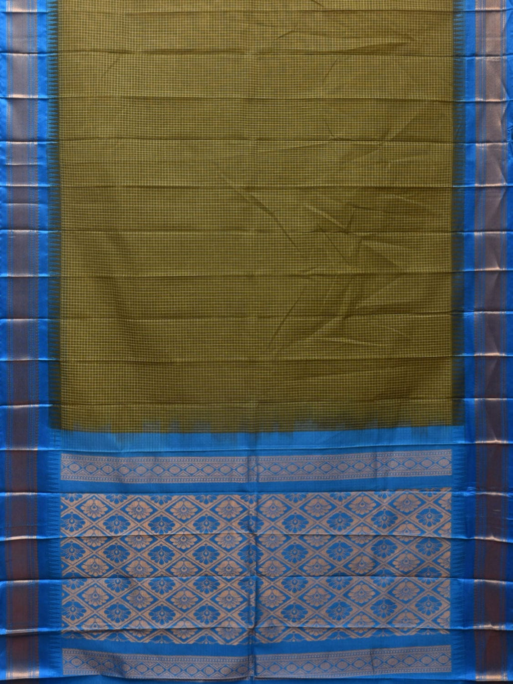 Dark Green and Blue Gadwal Cotton Plain Saree with Checks and Pallu Design No Blouse - Global Threads