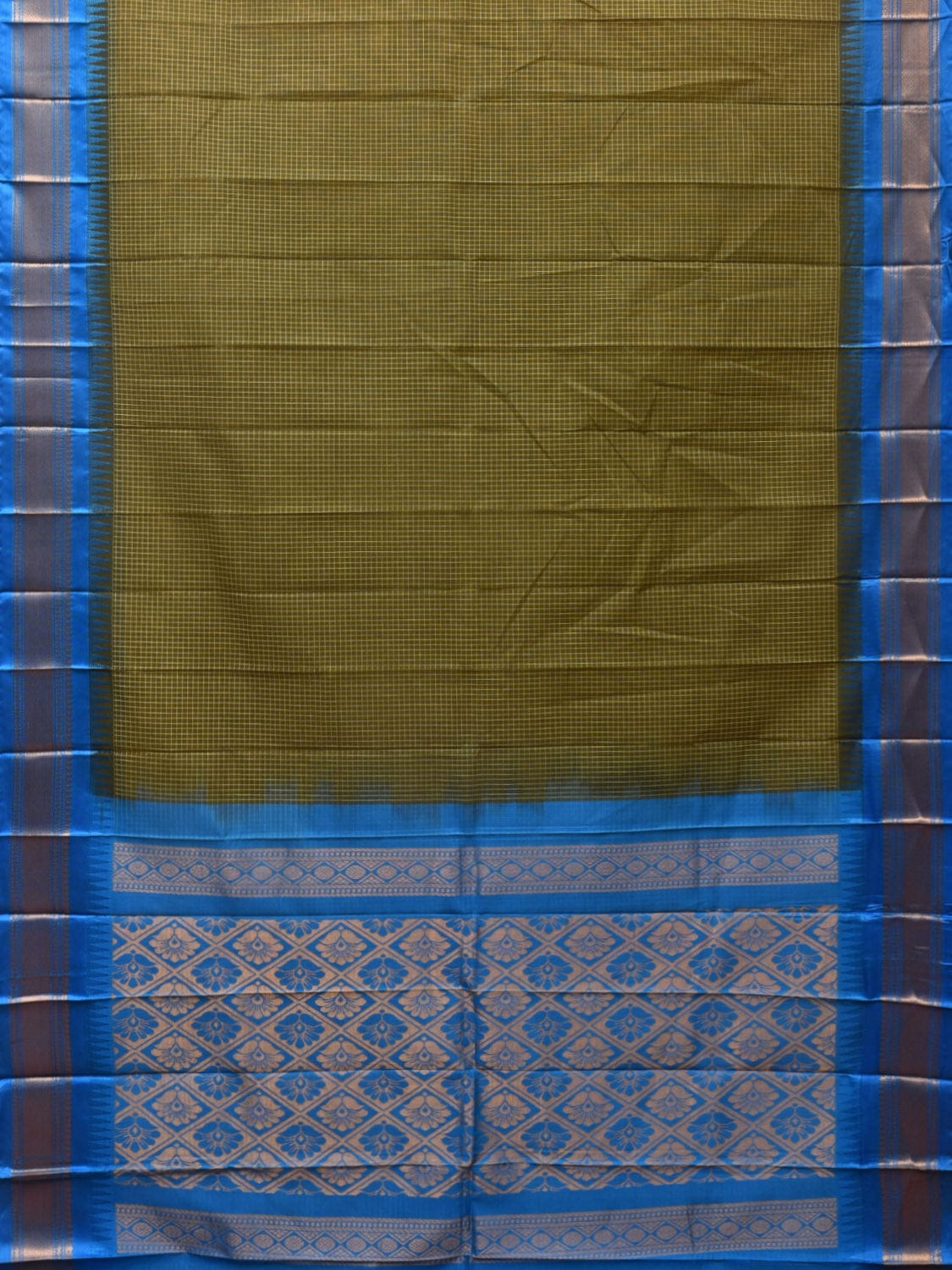 Dark Green and Blue Gadwal Cotton Plain Saree with Checks and Pallu Design No Blouse - Global Threads
