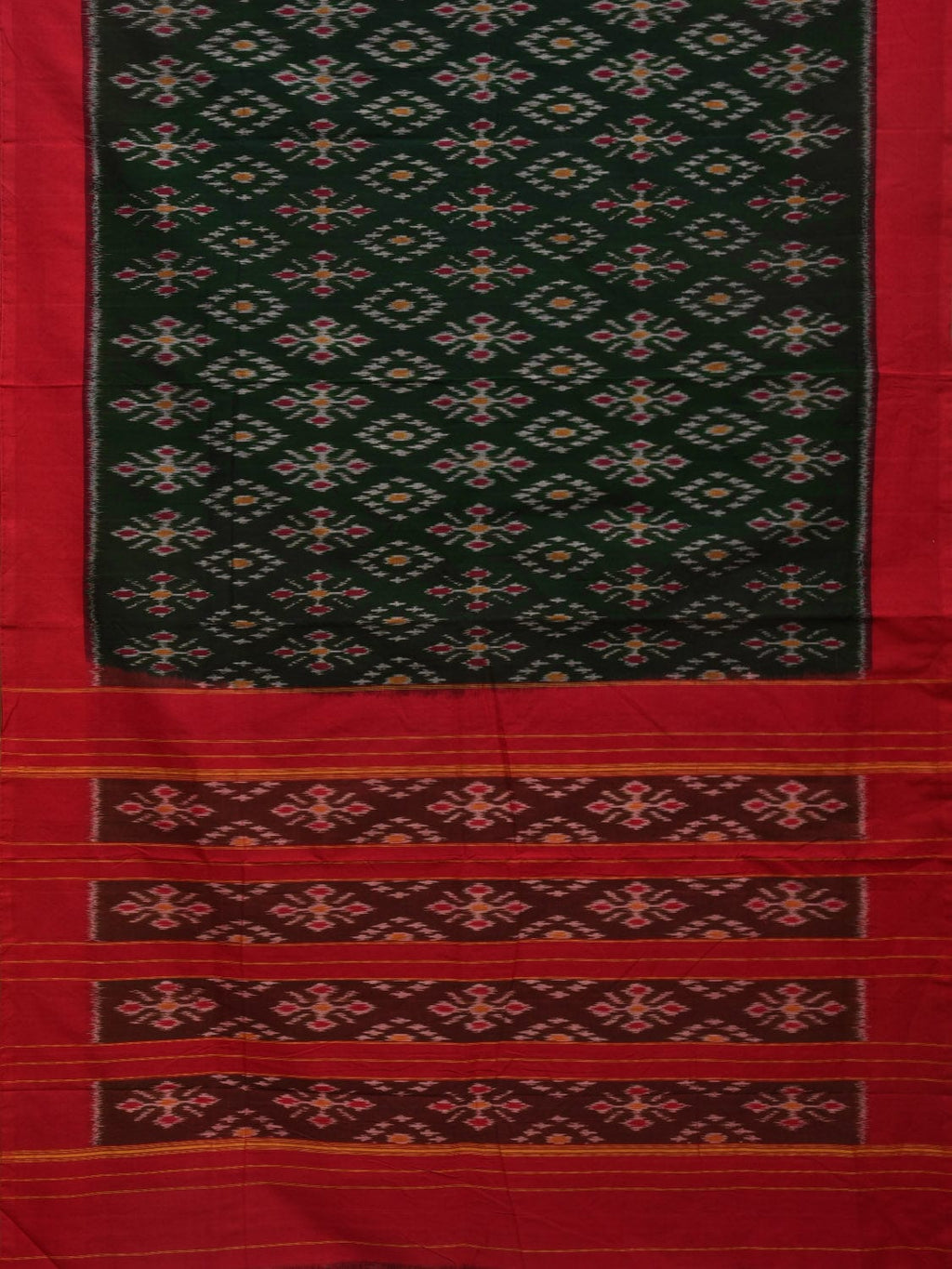 Dark Green and Red Pochampally Ikat Cotton Handloom Saree with All Over Design - Global Threads