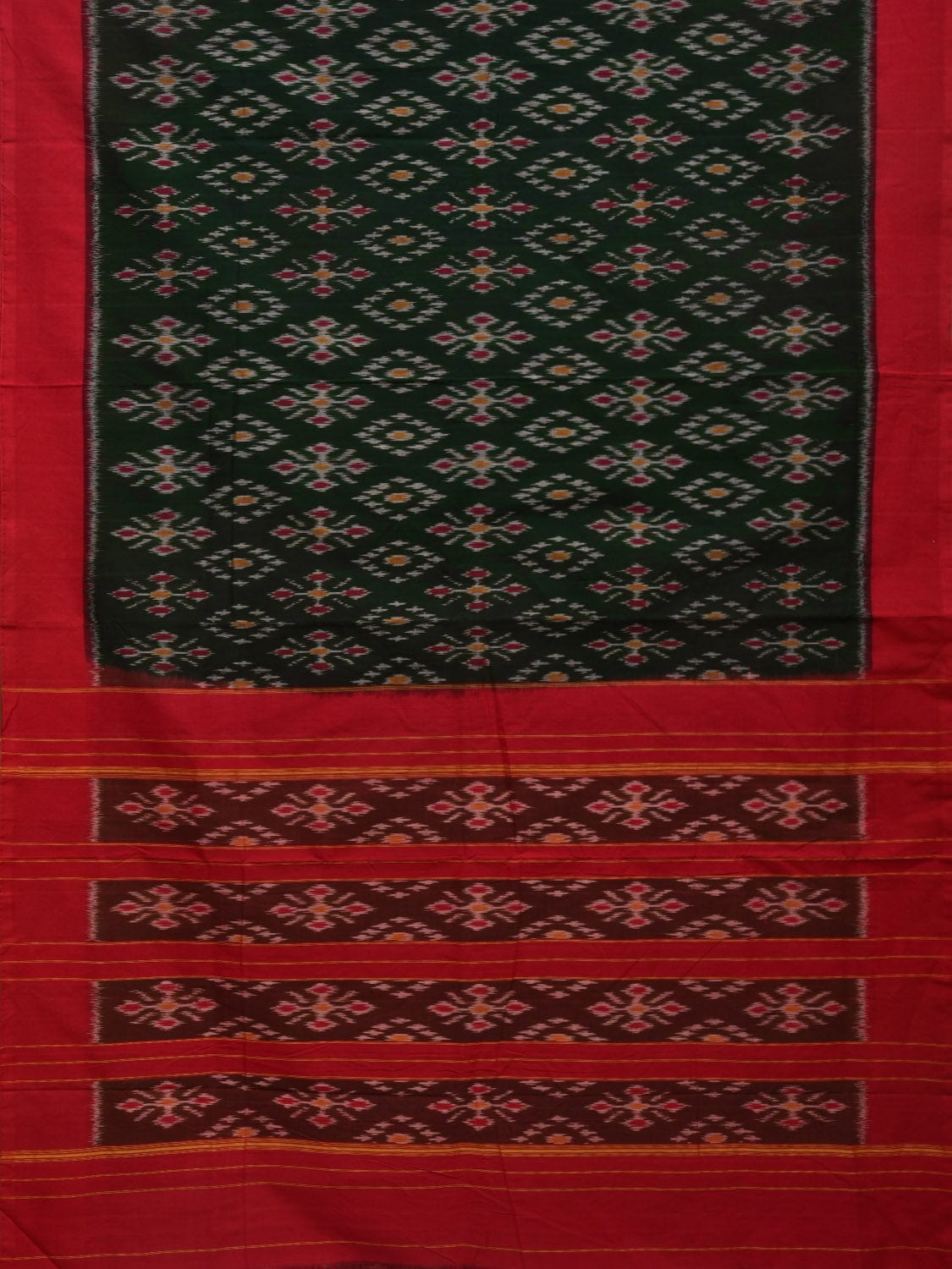 Dark Green and Red Pochampally Ikat Cotton Handloom Saree with All Over Design - Global Threads