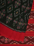 Dark Green and Red Pochampally Ikat Cotton Handloom Saree with All Over Design - Global Threads