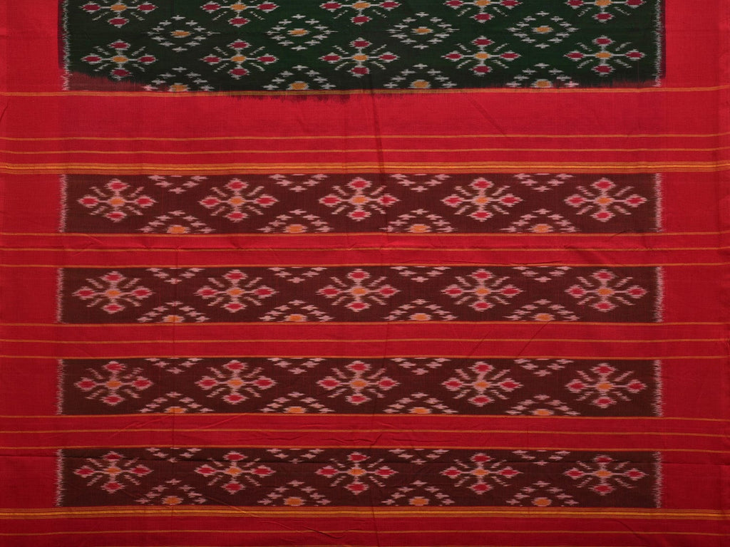 Dark Green and Red Pochampally Ikat Cotton Handloom Saree with All Over Design - Global Threads
