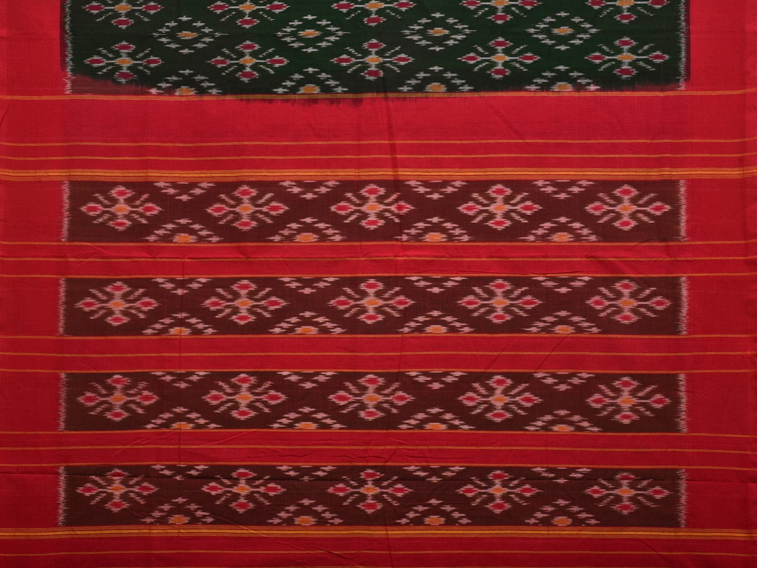 Dark Green and Red Pochampally Ikat Cotton Handloom Saree with All Over Design - Global Threads