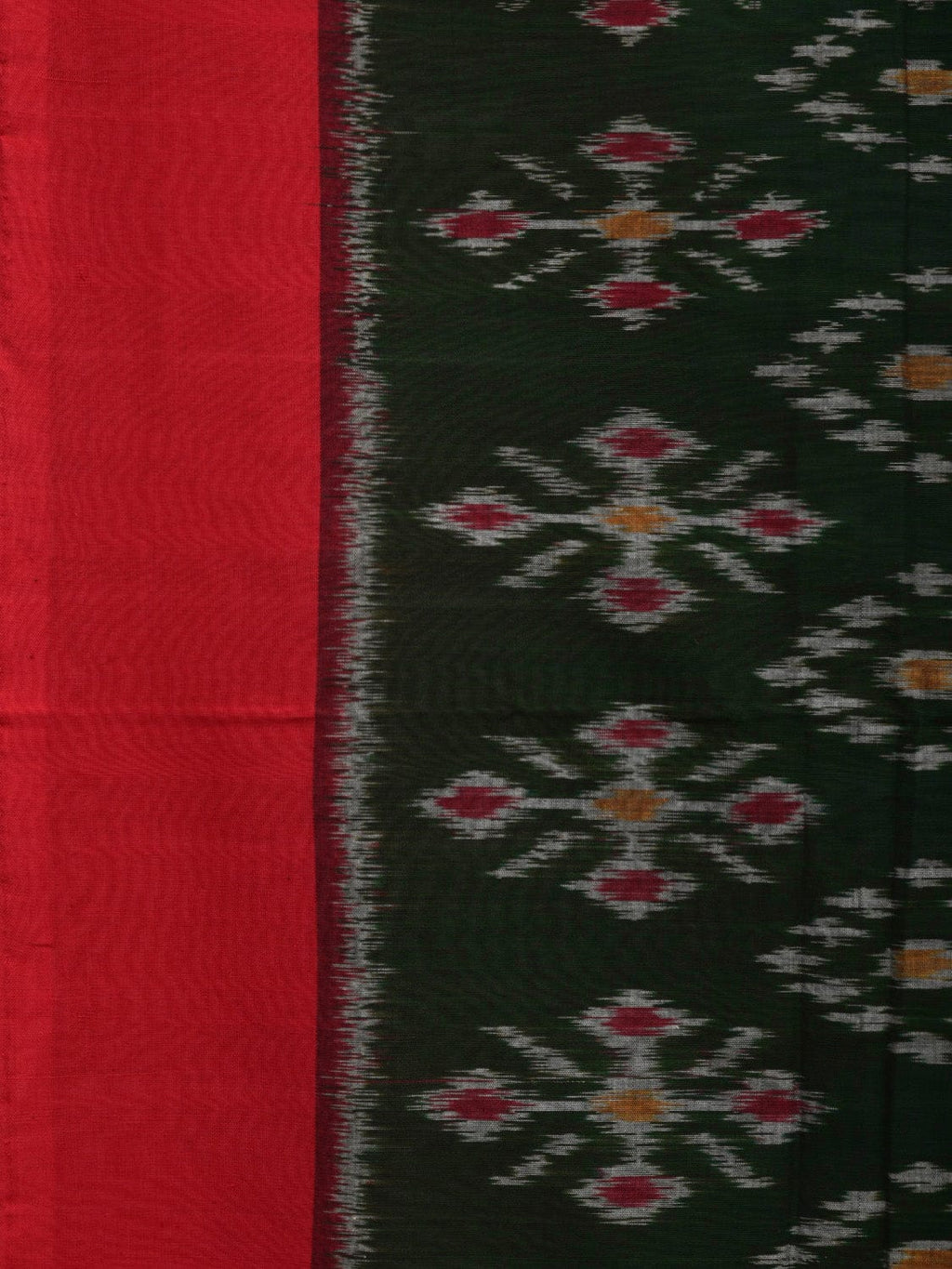 Dark Green and Red Pochampally Ikat Cotton Handloom Saree with All Over Design - Global Threads