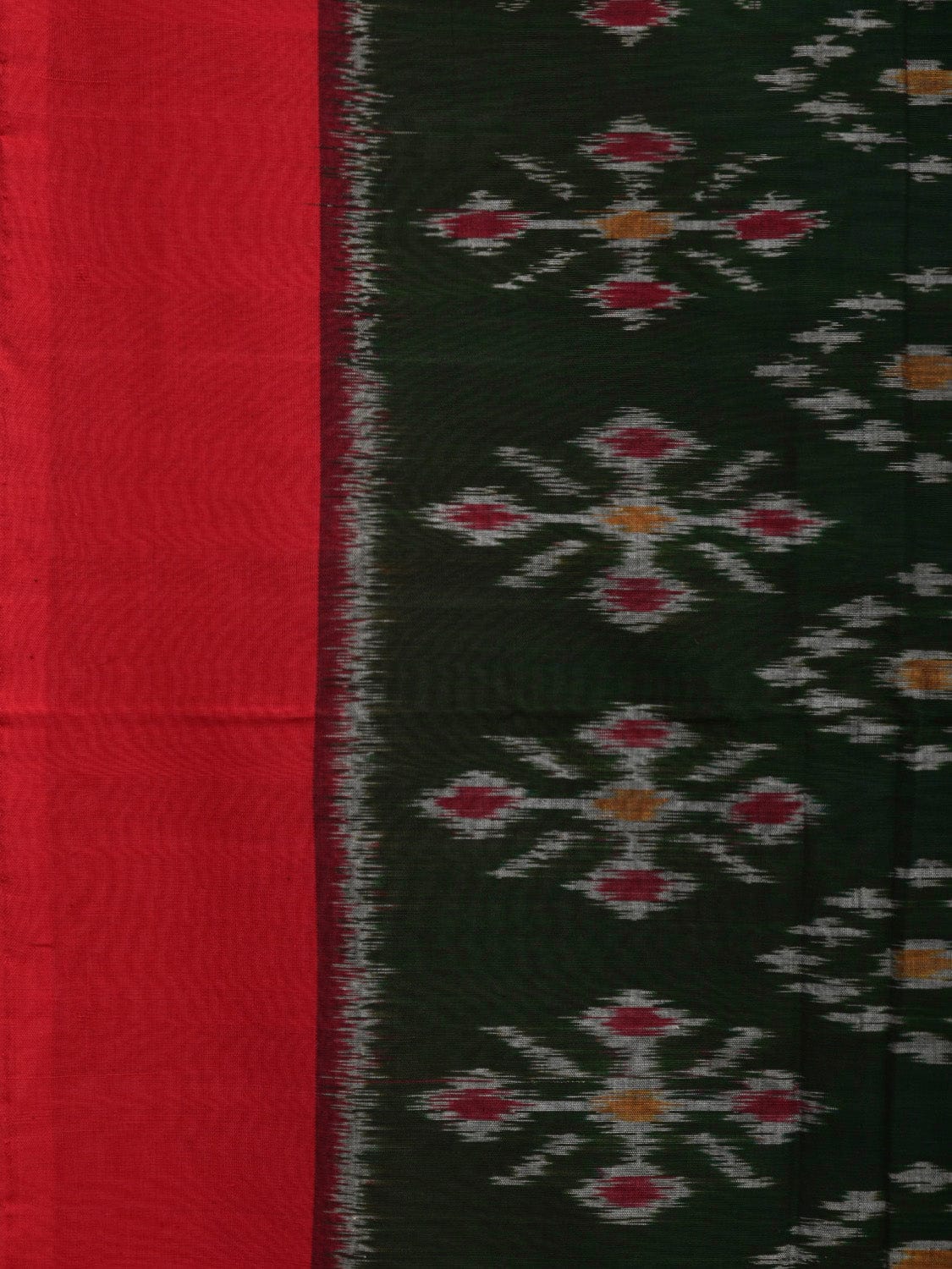 Dark Green and Red Pochampally Ikat Cotton Handloom Saree with All Over Design - Global Threads