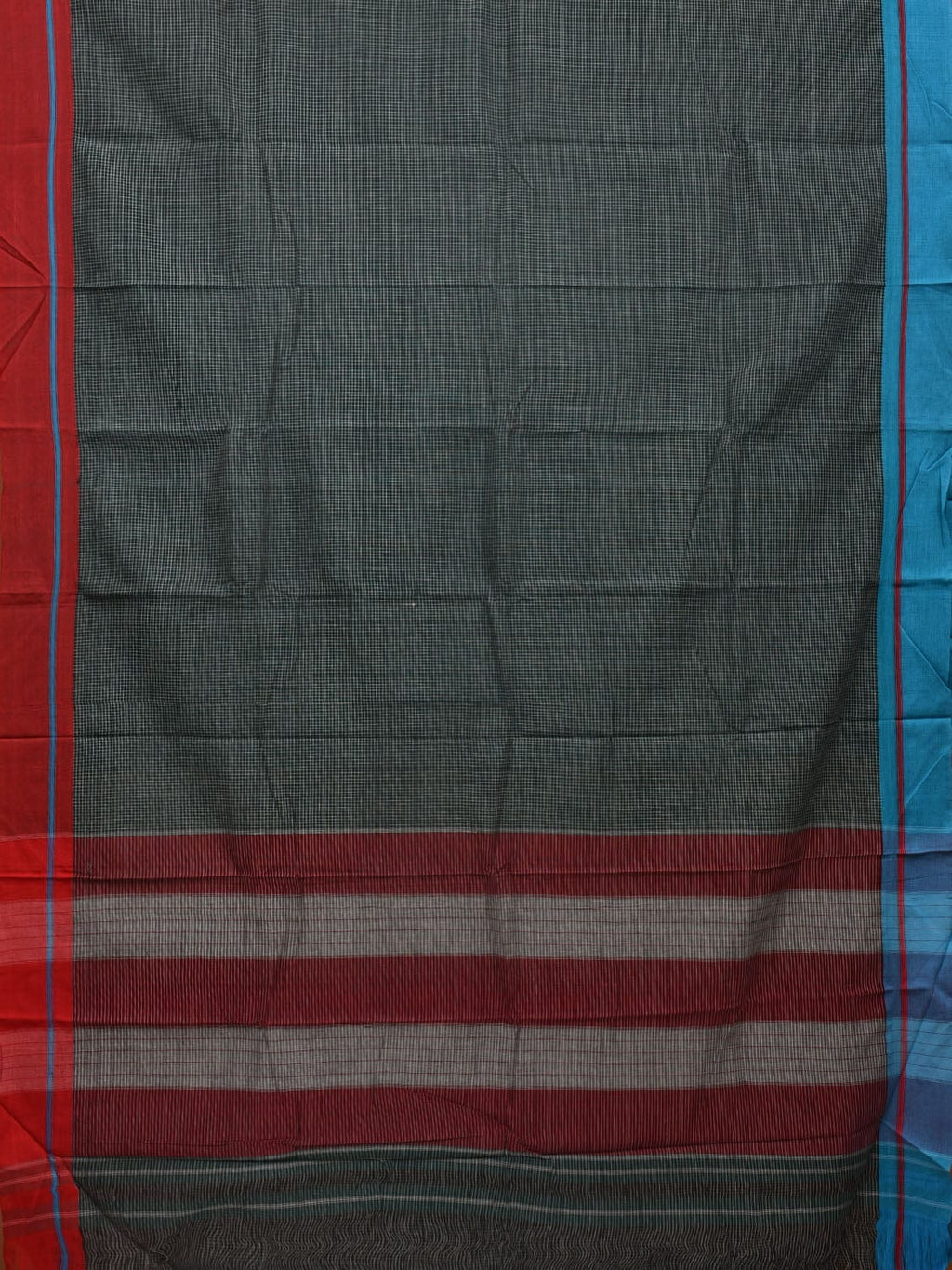 Dark Green ilkal Cotton Handloom Saree with Checks and Ganga-Jamuna Border Design No Blouse - Global Threads