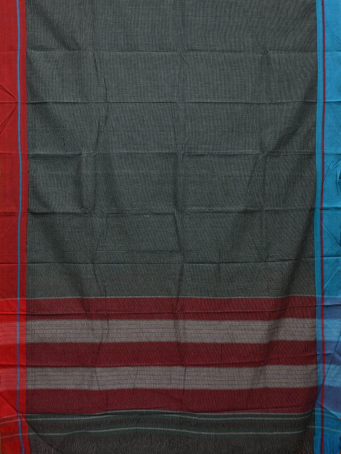 Dark Green ilkal Cotton Handloom Saree with Checks and Ganga-Jamuna Border Design No Blouse - Global Threads