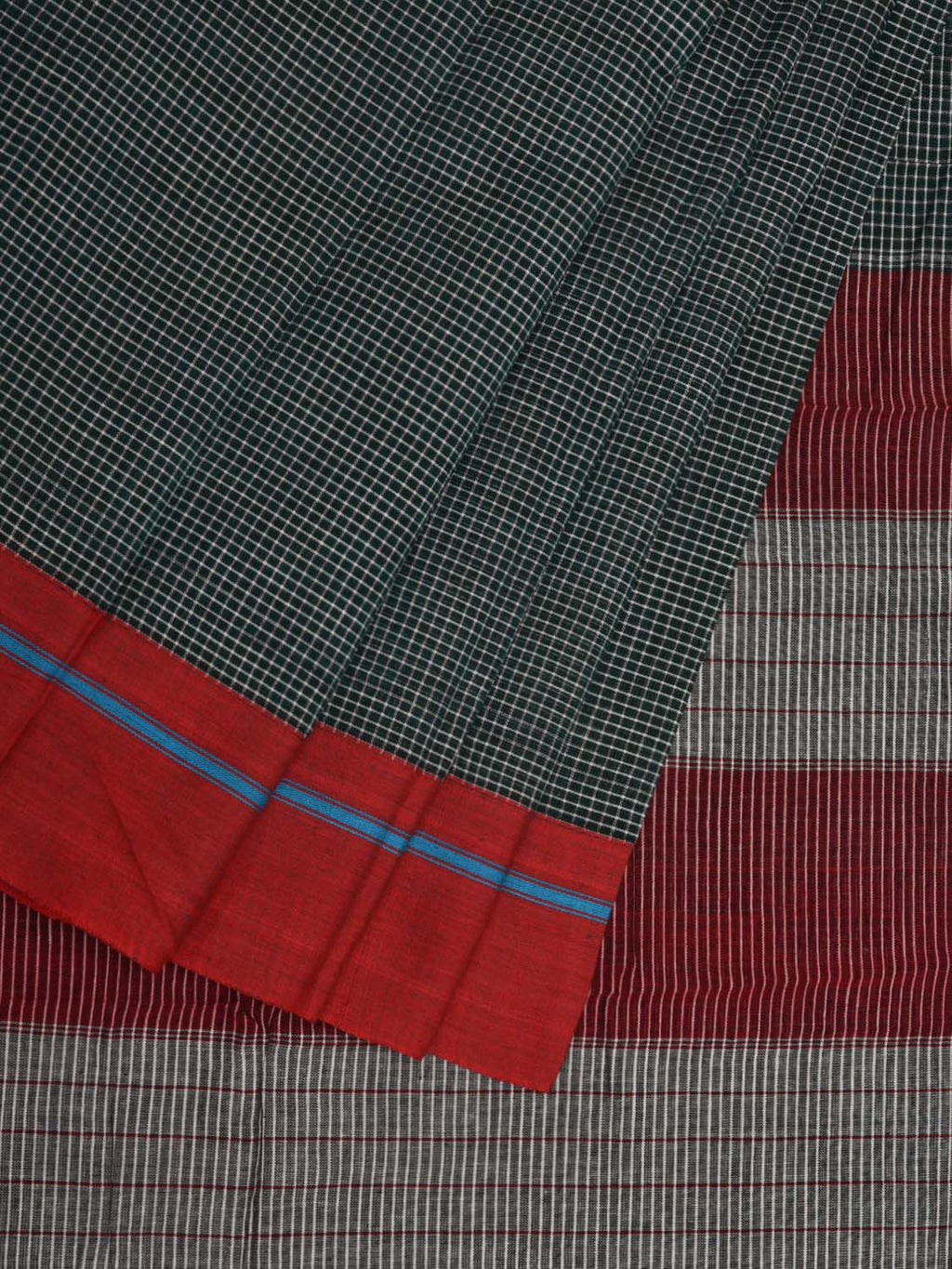 Dark Green ilkal Cotton Handloom Saree with Checks and Ganga-Jamuna Border Design No Blouse - Global Threads