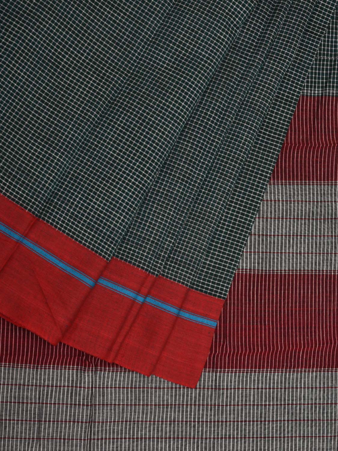 Dark Green ilkal Cotton Handloom Saree with Checks and Ganga-Jamuna Border Design No Blouse - Global Threads