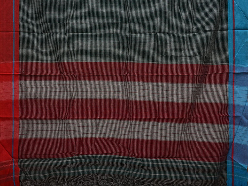 Dark Green ilkal Cotton Handloom Saree with Checks and Ganga-Jamuna Border Design No Blouse - Global Threads