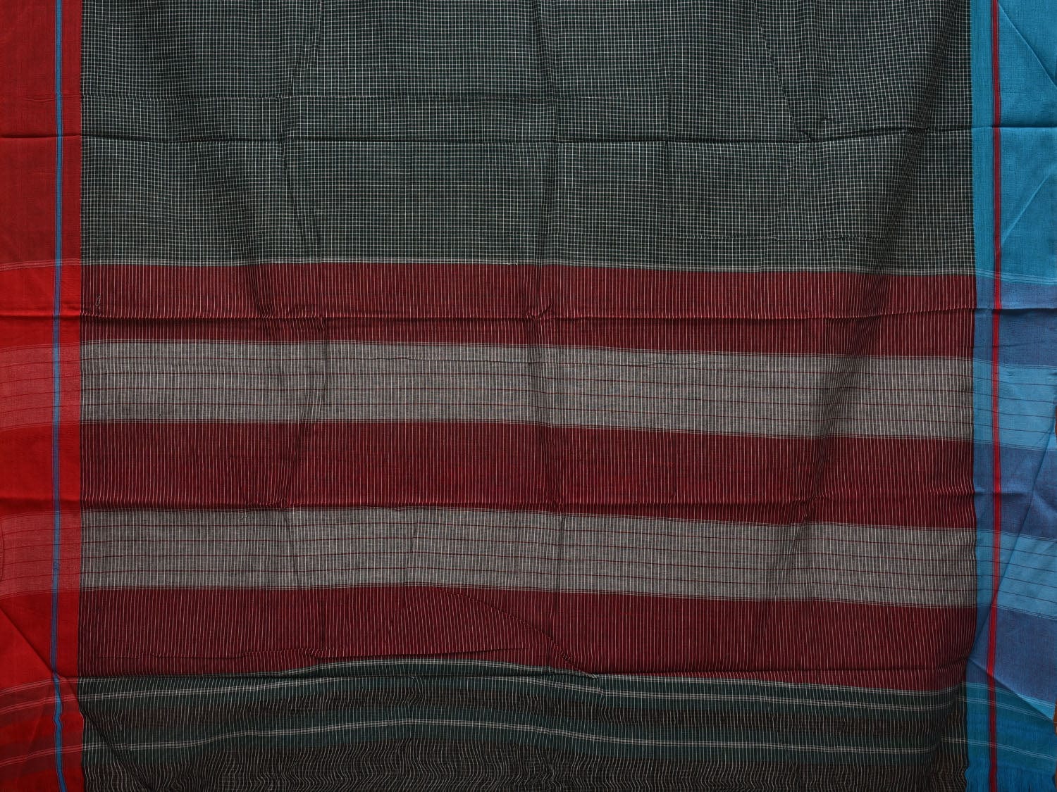 Dark Green ilkal Cotton Handloom Saree with Checks and Ganga-Jamuna Border Design No Blouse - Global Threads