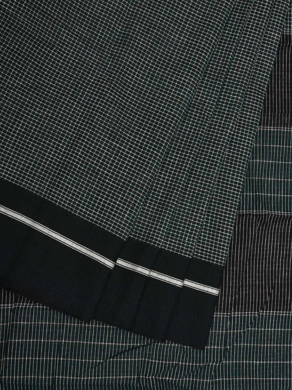Dark Green ilkal Cotton Handloom Saree with Checks Design No Blouse - Global Threads