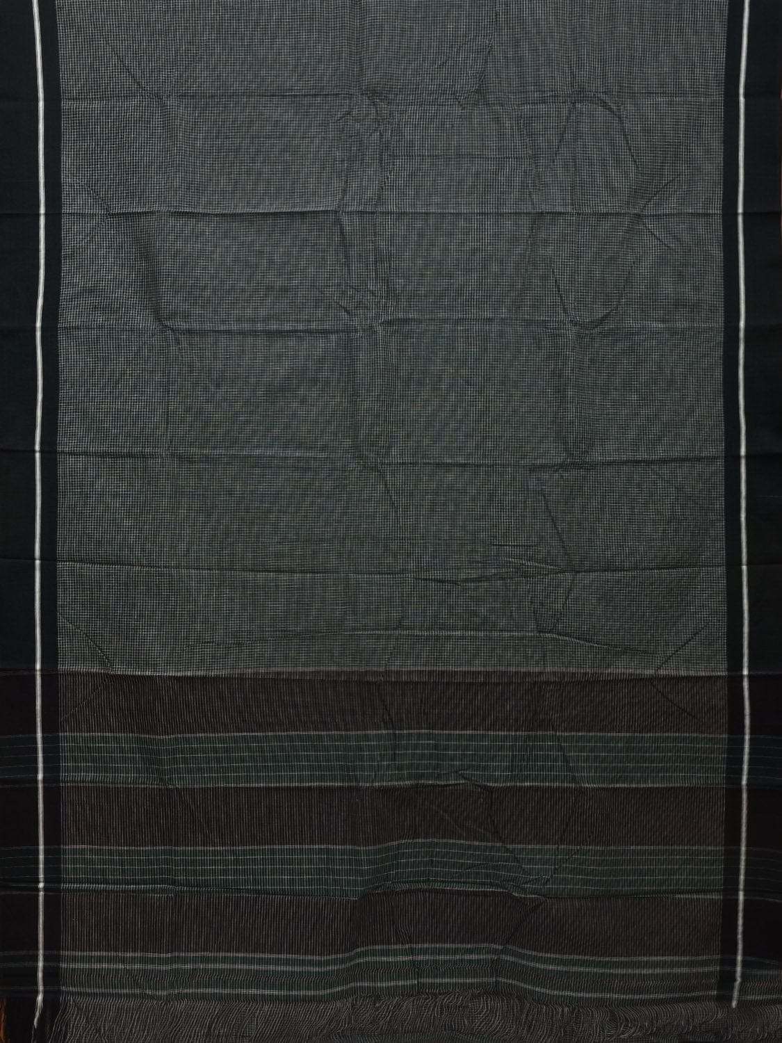 Dark Green ilkal Cotton Handloom Saree with Checks Design No Blouse - Global Threads