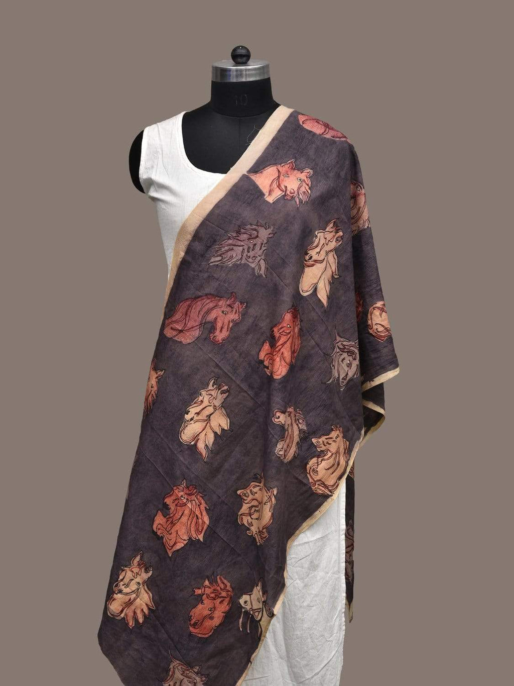 Dark Grey Kalamkari Hand Painted Silk Handloom Stole with Horses Design - Global Threads