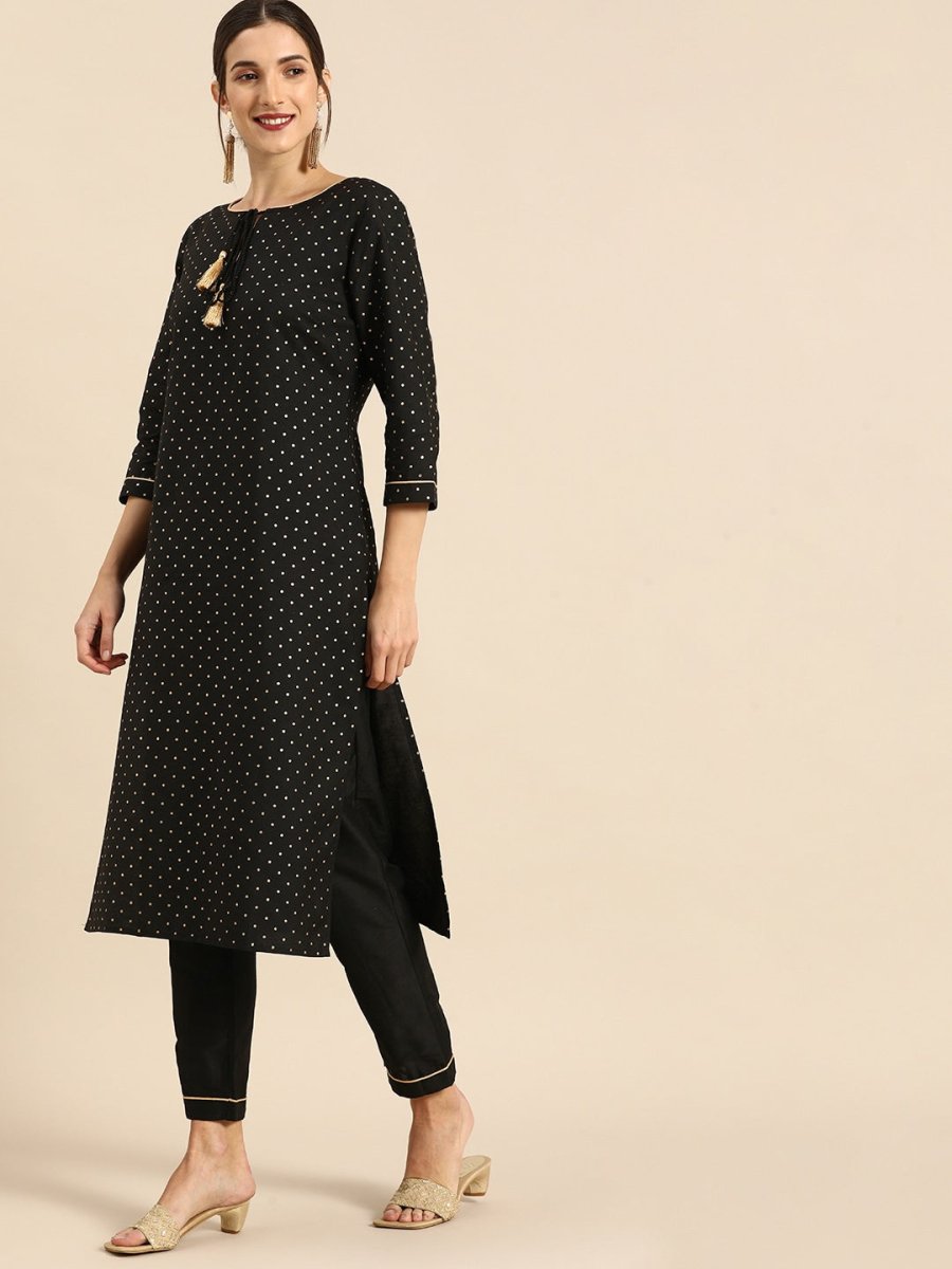 All About You Women Black & Gold Printed Regular Kurta with Trousers & Dupatta